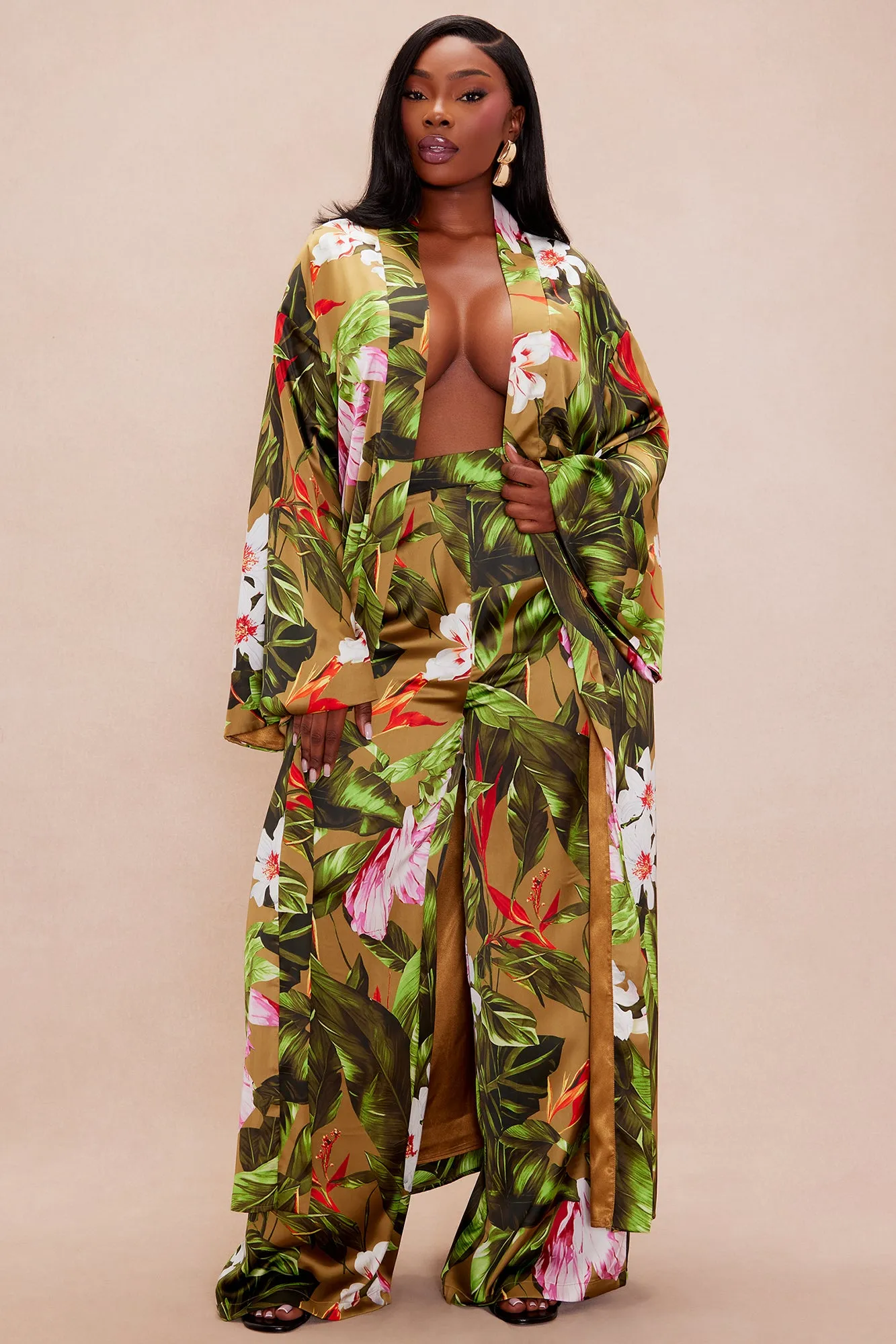 Amazonian Satin Kimono Pant Set - Green/combo