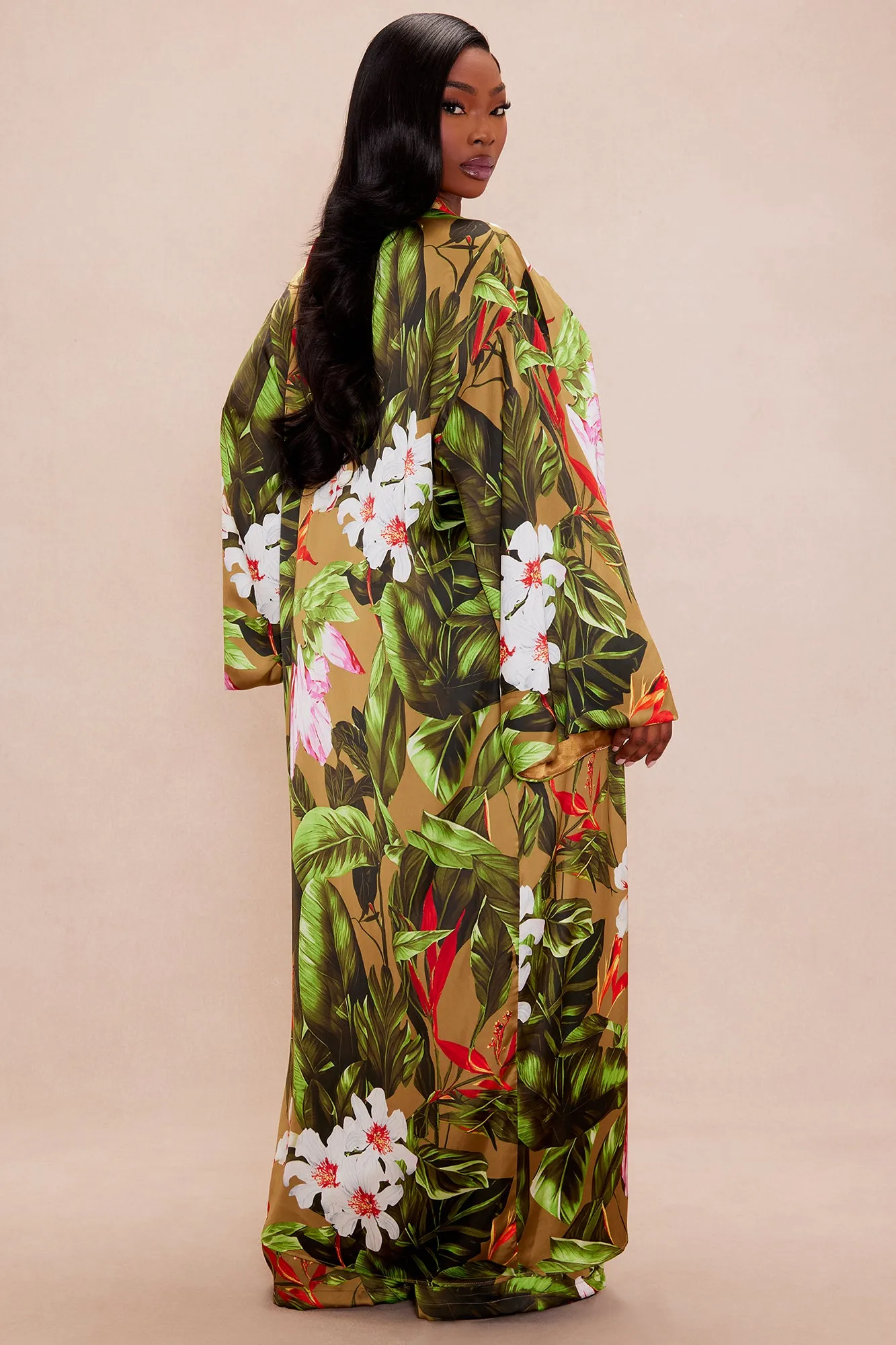 Amazonian Satin Kimono Pant Set - Green/combo