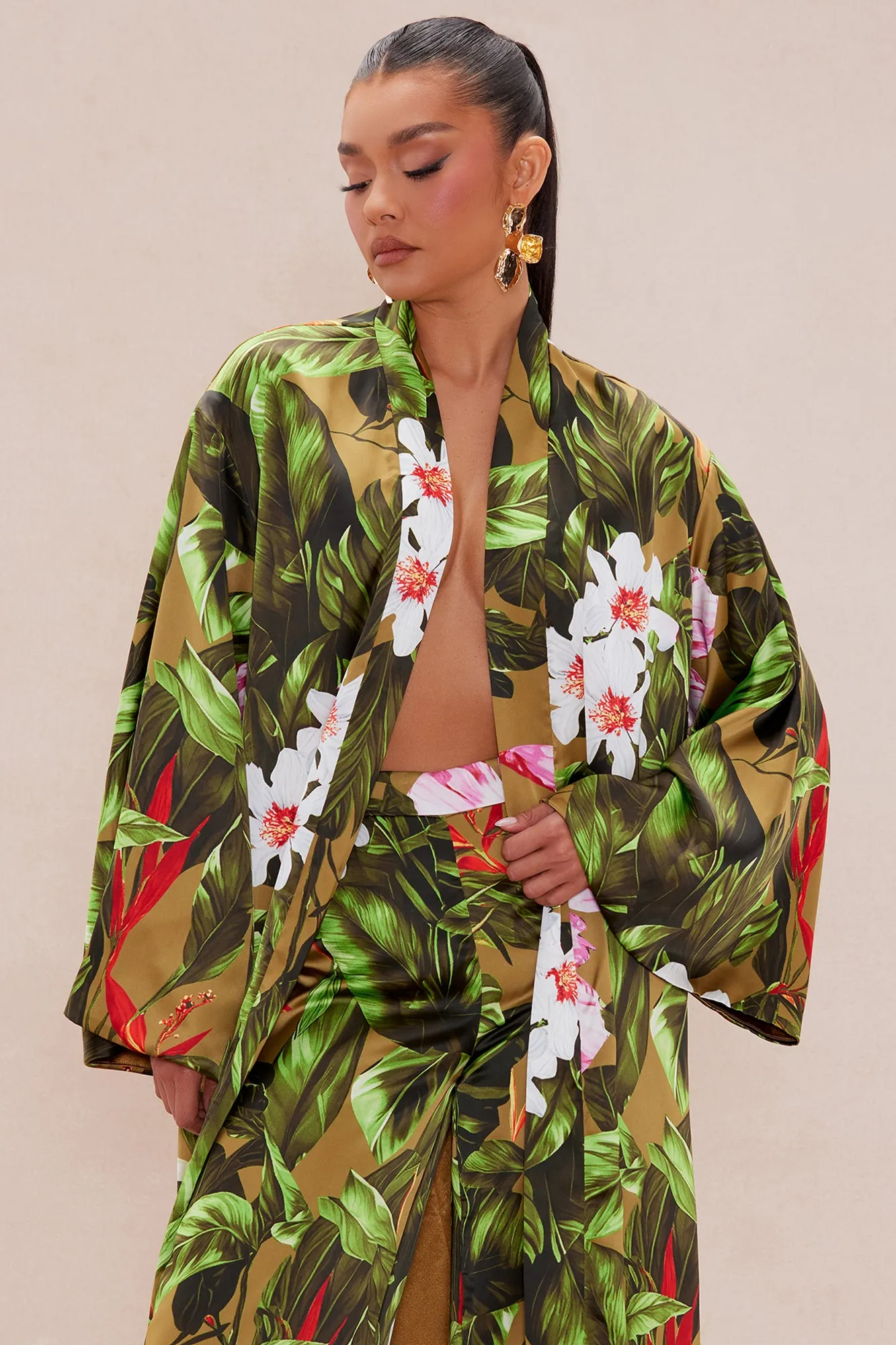 Amazonian Satin Kimono Pant Set - Green/combo