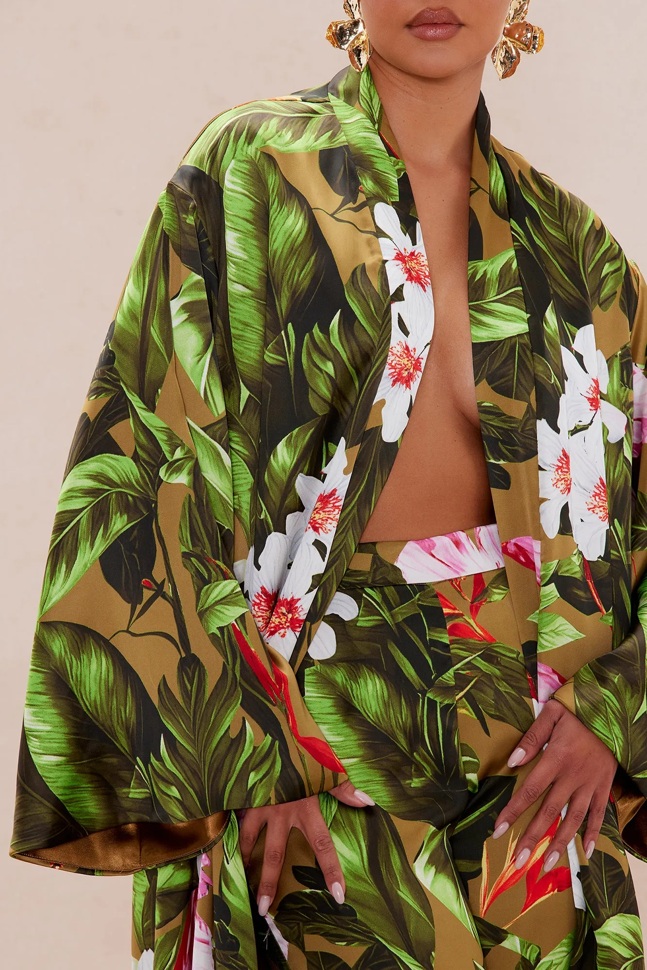 Amazonian Satin Kimono Pant Set - Green/combo