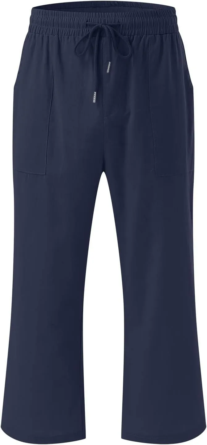 Capris Pants for Women Casual Summer Cotton Linen Pant Lounge Palazzo Elastic Straight Leg Cropped Trousers
