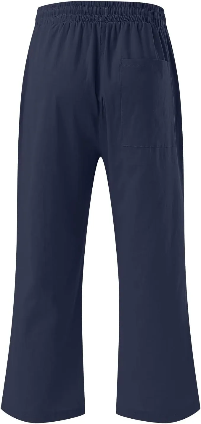 Capris Pants for Women Casual Summer Cotton Linen Pant Lounge Palazzo Elastic Straight Leg Cropped Trousers