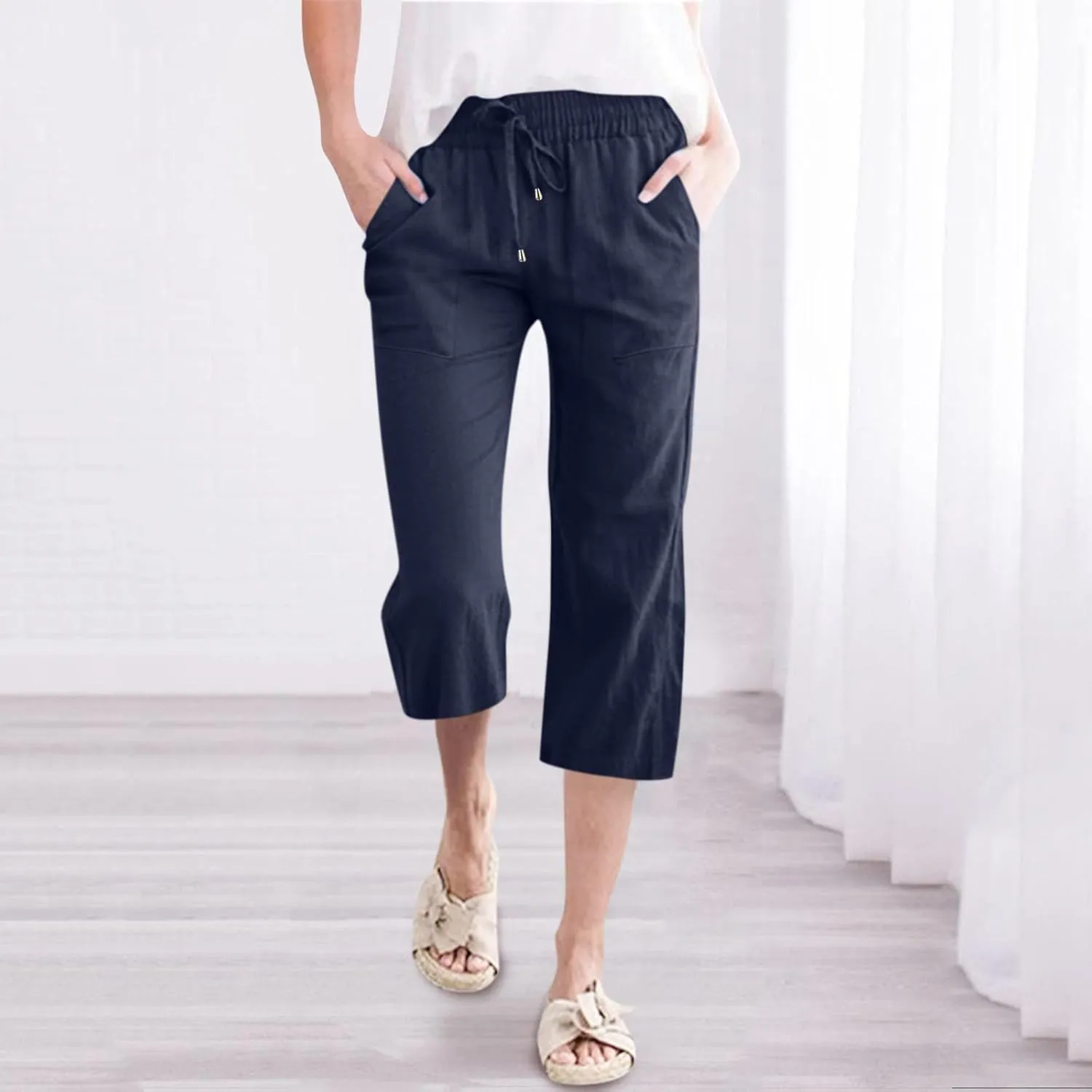 Capris Pants for Women Casual Summer Cotton Linen Pant Lounge Palazzo Elastic Straight Leg Cropped Trousers