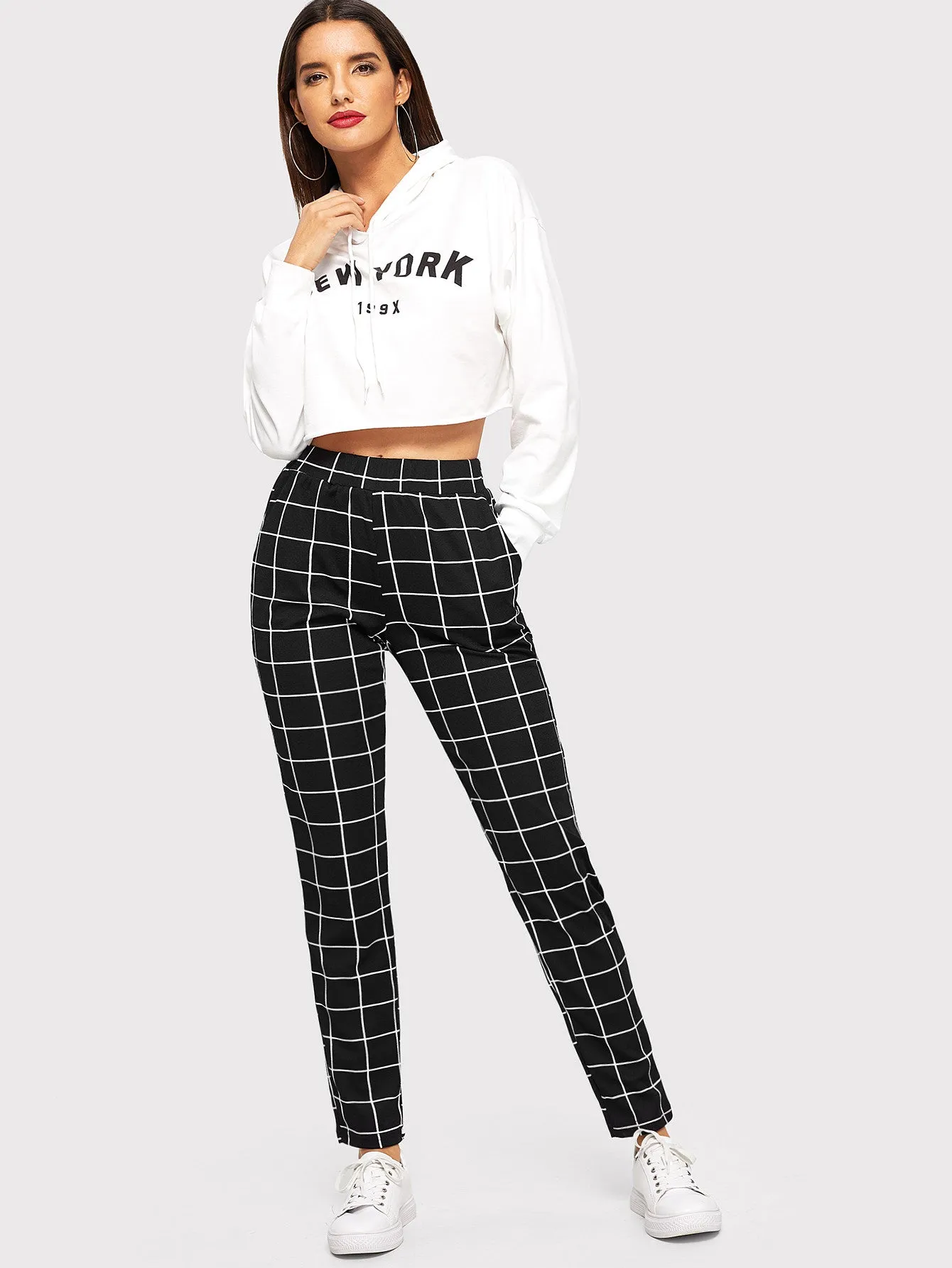 Casual Plaid Pocket Natural Long Women Pants