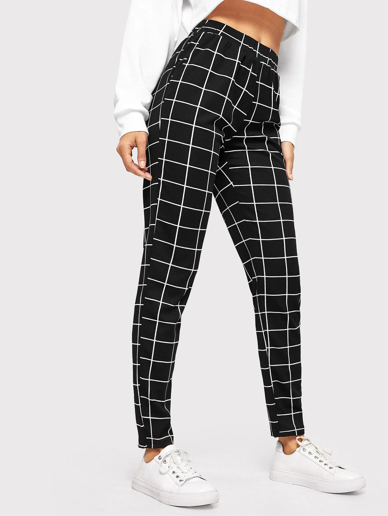 Casual Plaid Pocket Natural Long Women Pants