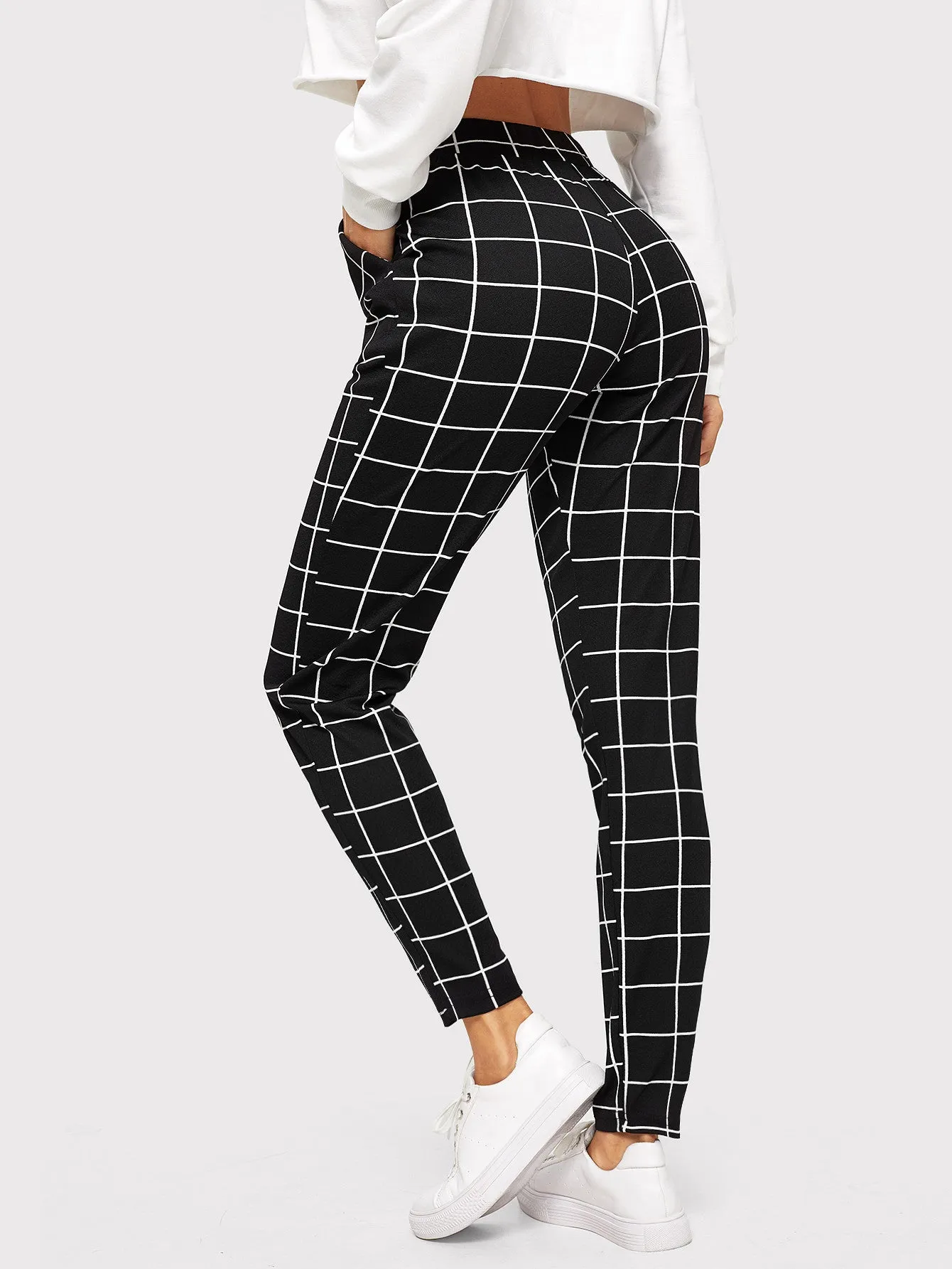 Casual Plaid Pocket Natural Long Women Pants