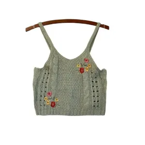 Crave Fame Womens Sage Green Open Knit Soft Embroidered Floral Crop Tank Top XL