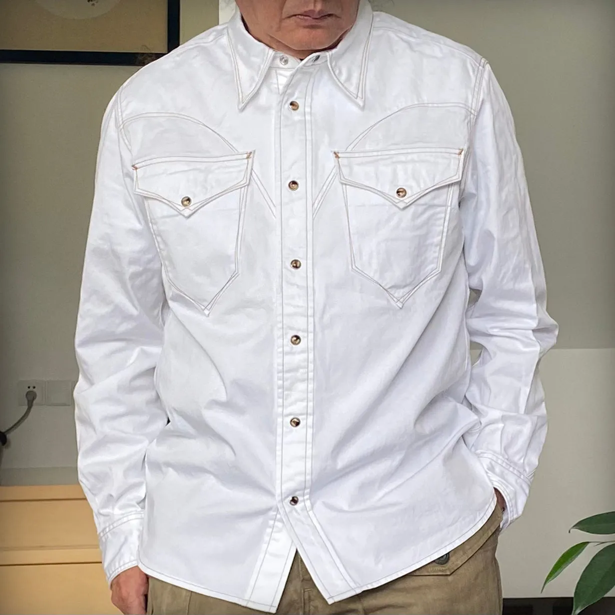 DDL 312R-KALEB V-WC REGULAR FIT 2 POCKET WITH A SUBTLE COPPER THREAD STITCH WESTERN SHIRT-E0 WHITE