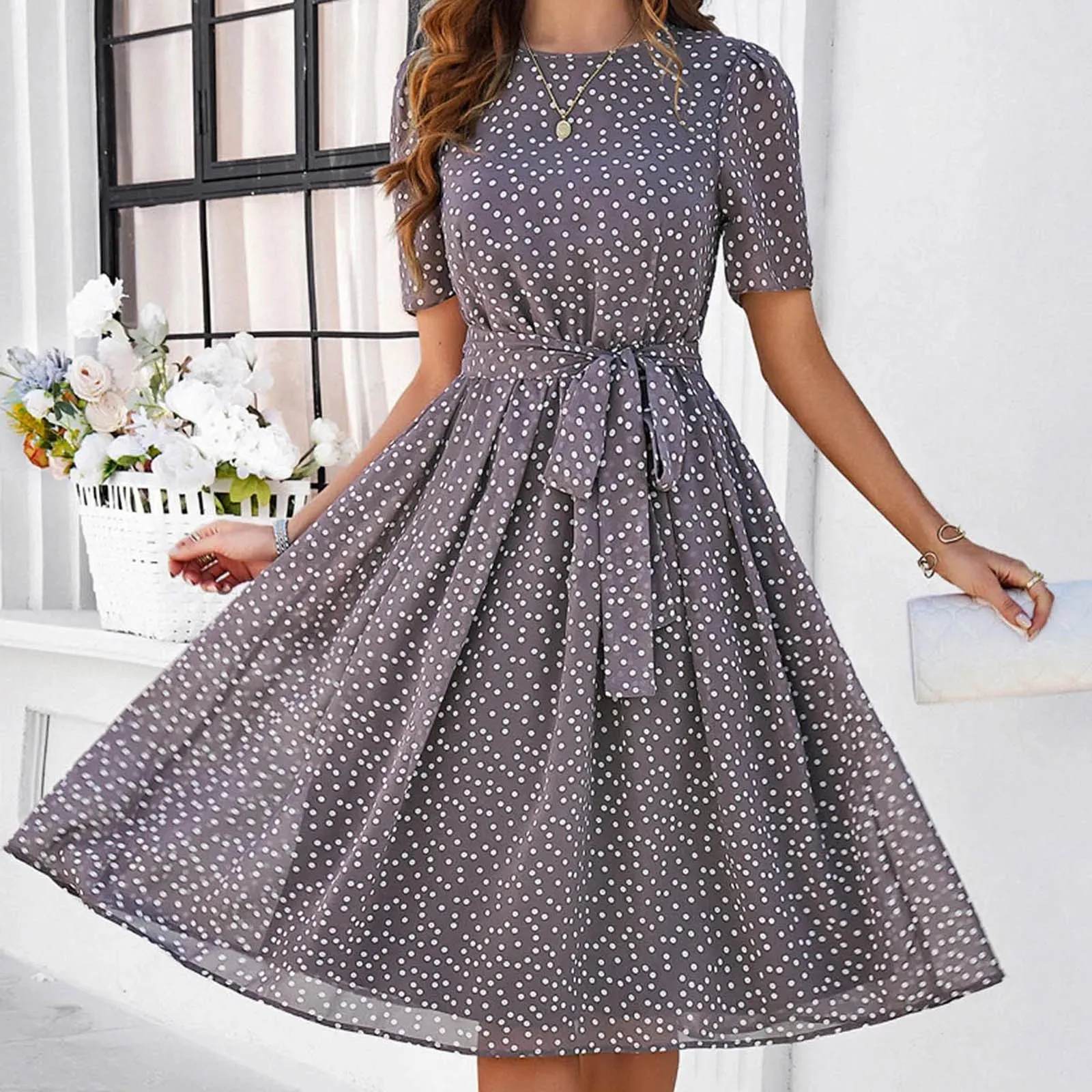 Dot Printed Pleated High Waist Chic Short Sleeve Casual Fashion Dress