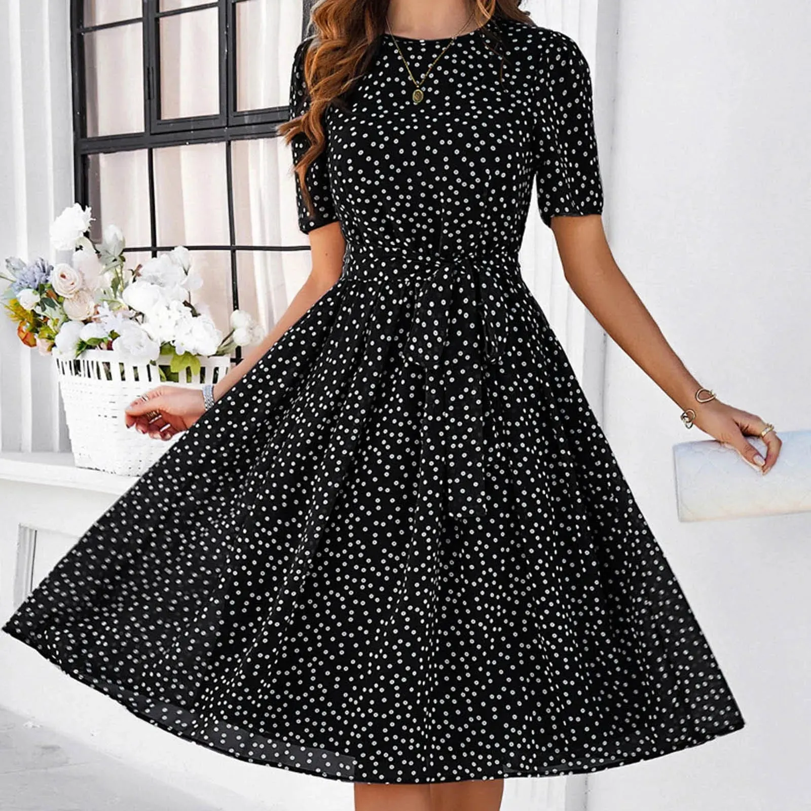 Dot Printed Pleated High Waist Chic Short Sleeve Casual Fashion Dress