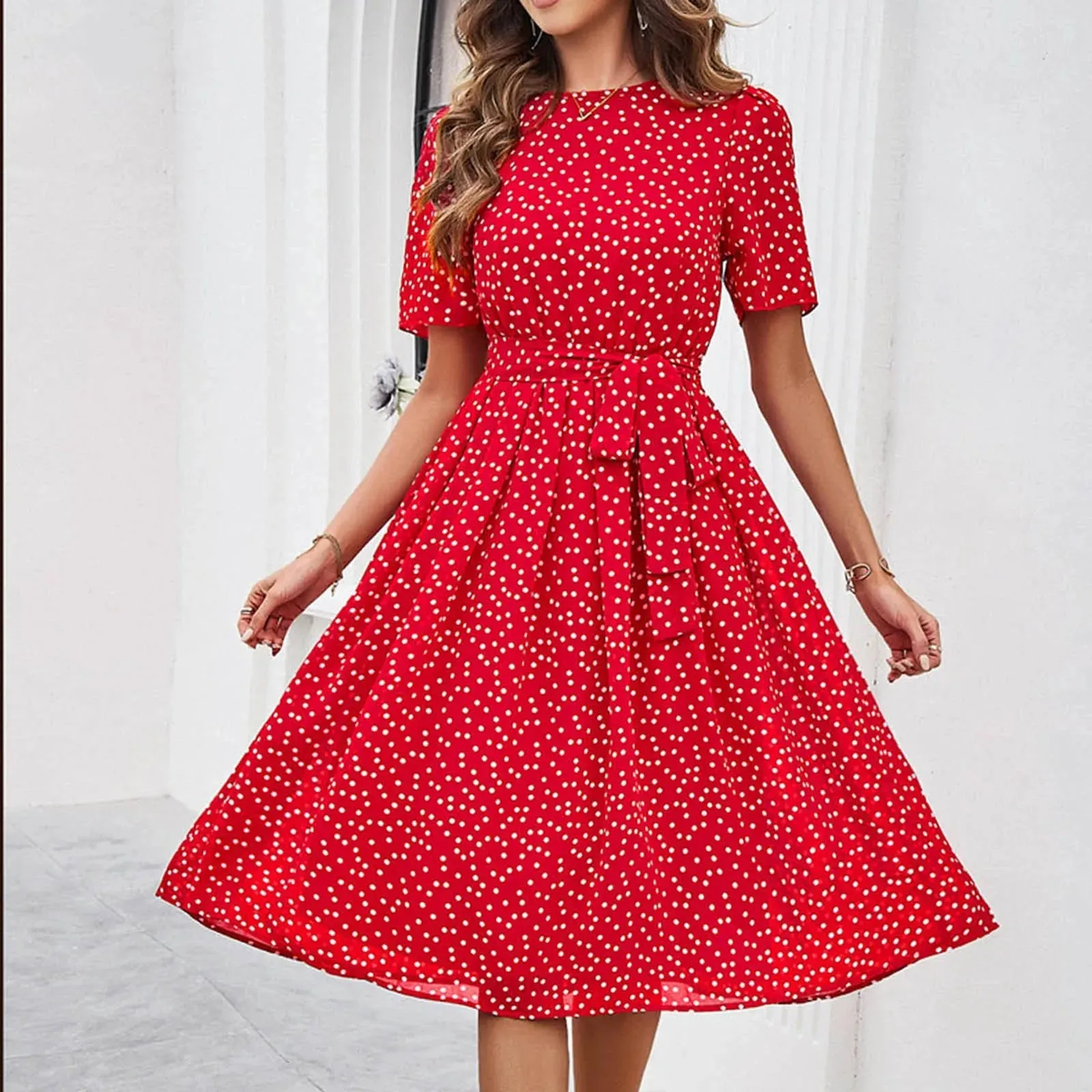 Dot Printed Pleated High Waist Chic Short Sleeve Casual Fashion Dress