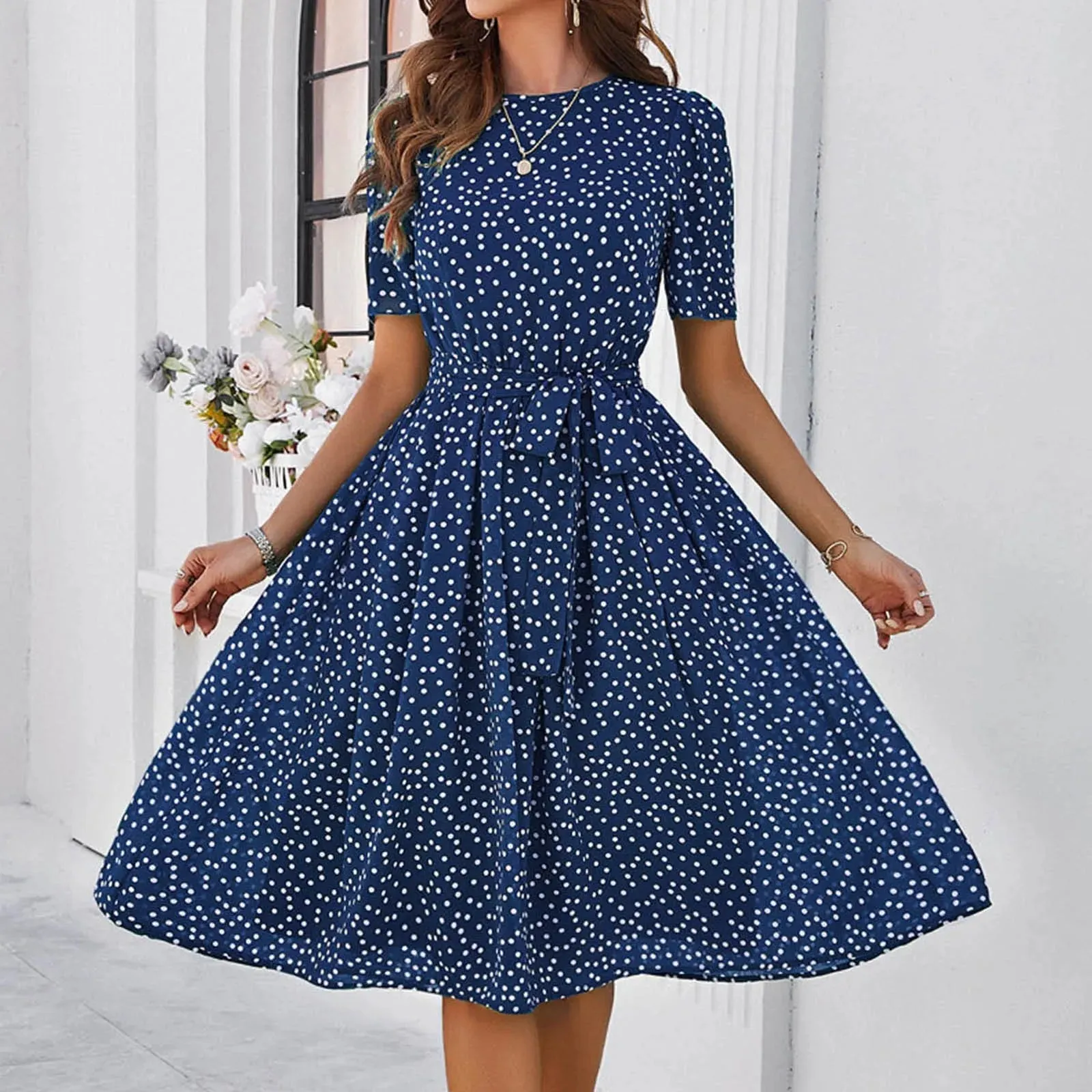 Dot Printed Pleated High Waist Chic Short Sleeve Casual Fashion Dress