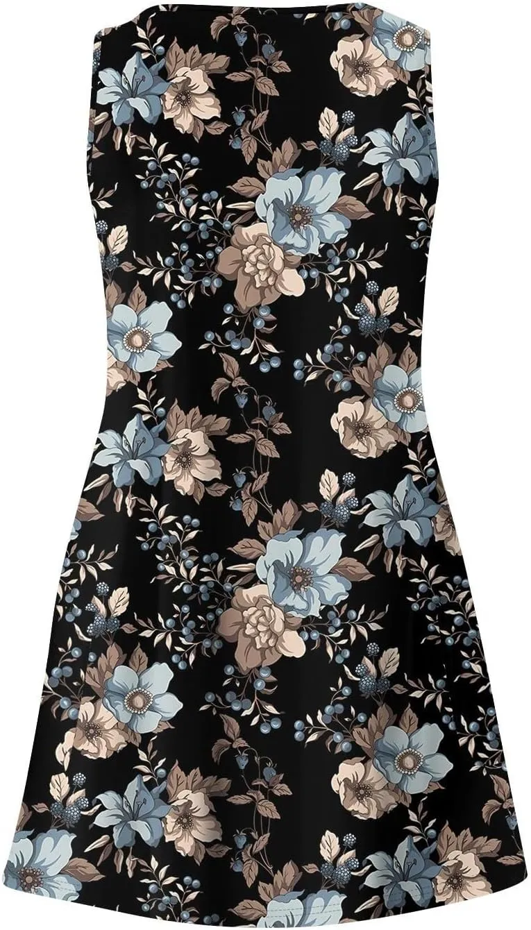 Dresses for Women 2025 Beach Casual Sleeveless Floral Print Boho Tank Dress V Neck Loose with Pockets Vacation Clothes
