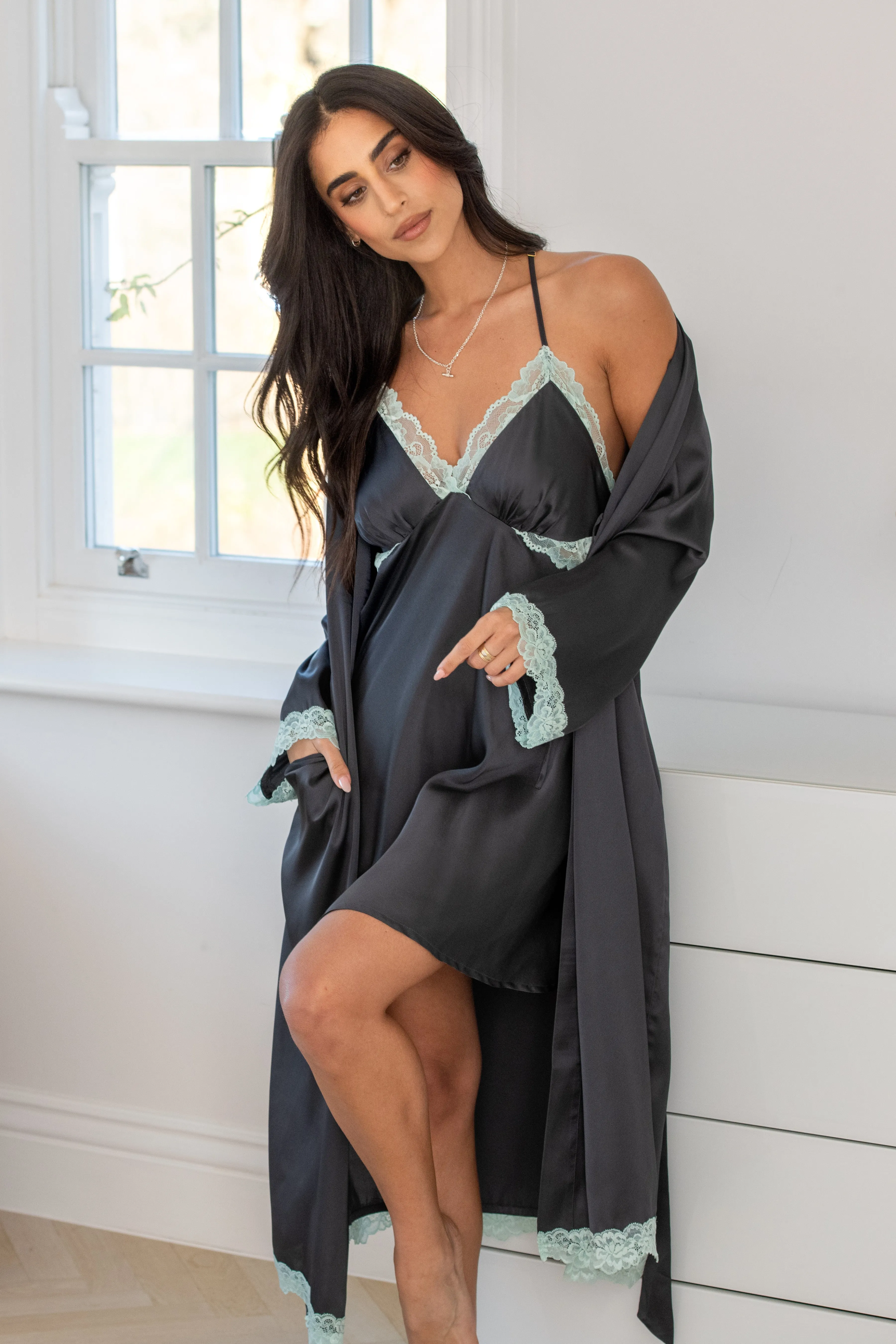 Dusk Satin and Lace Kimono-Slate/Mint