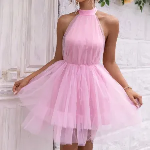 Flare Layered Short Y2k Fairy Halter Backless Sleeveless Open Back V-Neck Party Casual Ruffle Dress