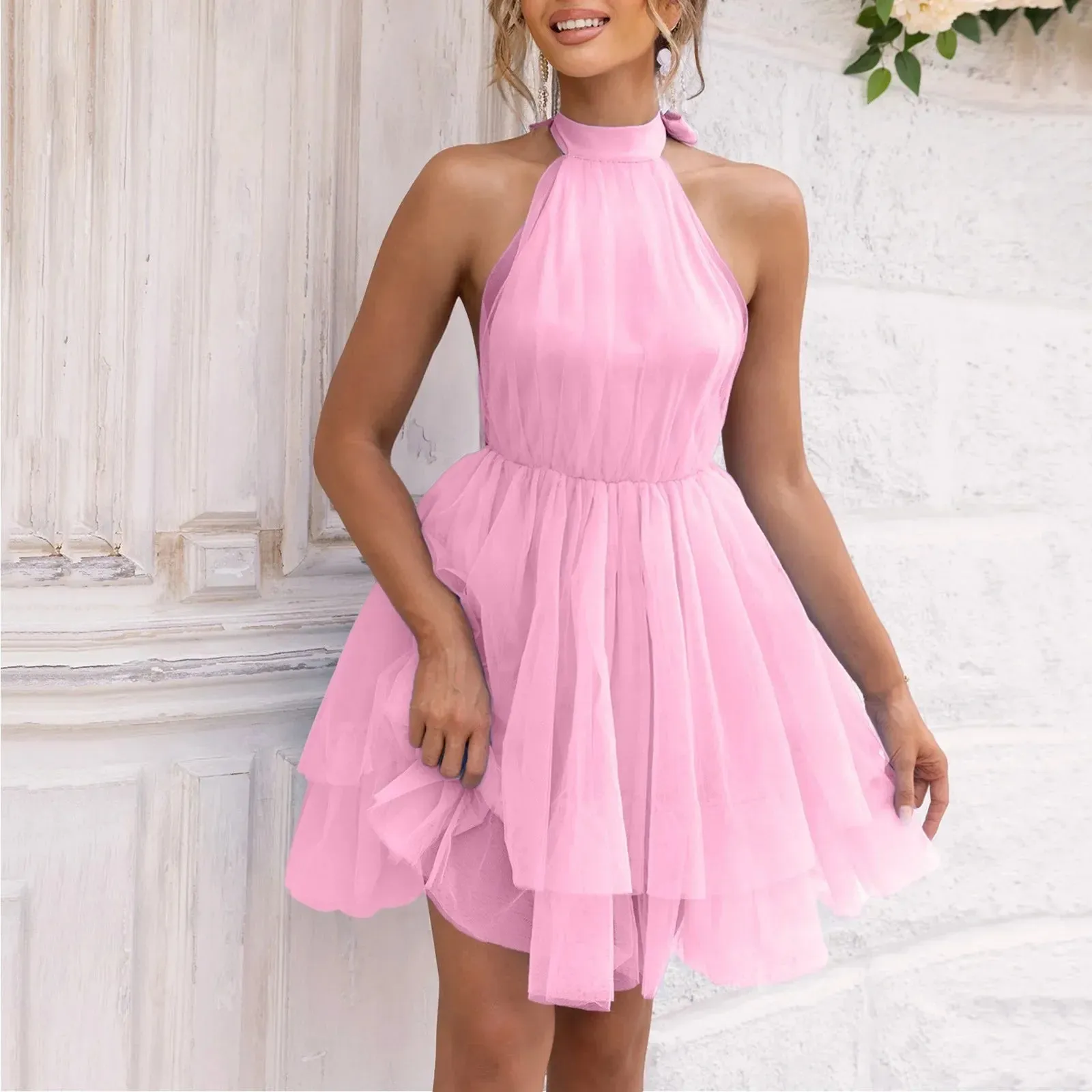 Flare Layered Short Y2k Fairy Halter Backless Sleeveless Open Back V-Neck Party Casual Ruffle Dress