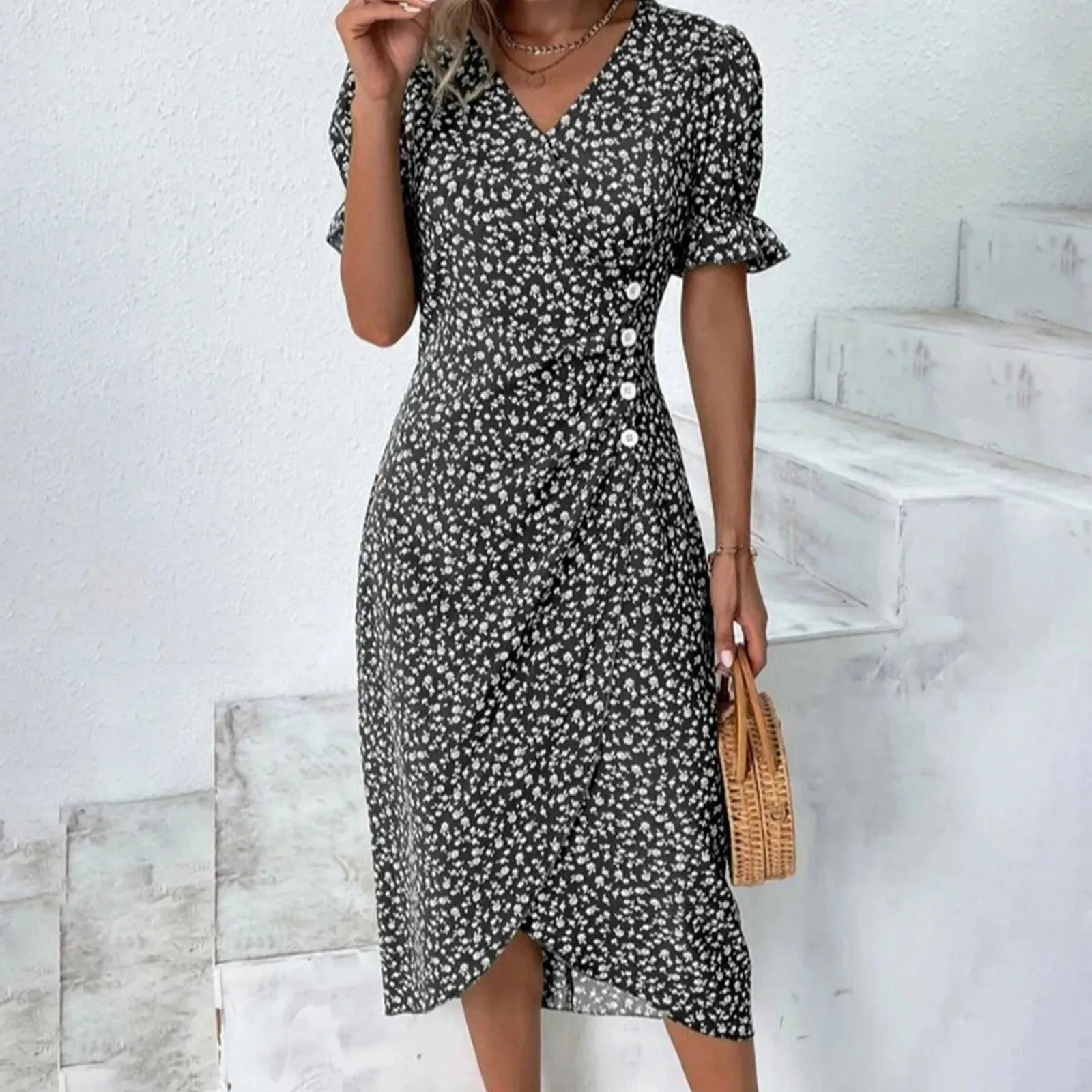 Floral Pleated V Neck Puff Sleeve Waist Ruched Button Summer Casual Elegant Dress