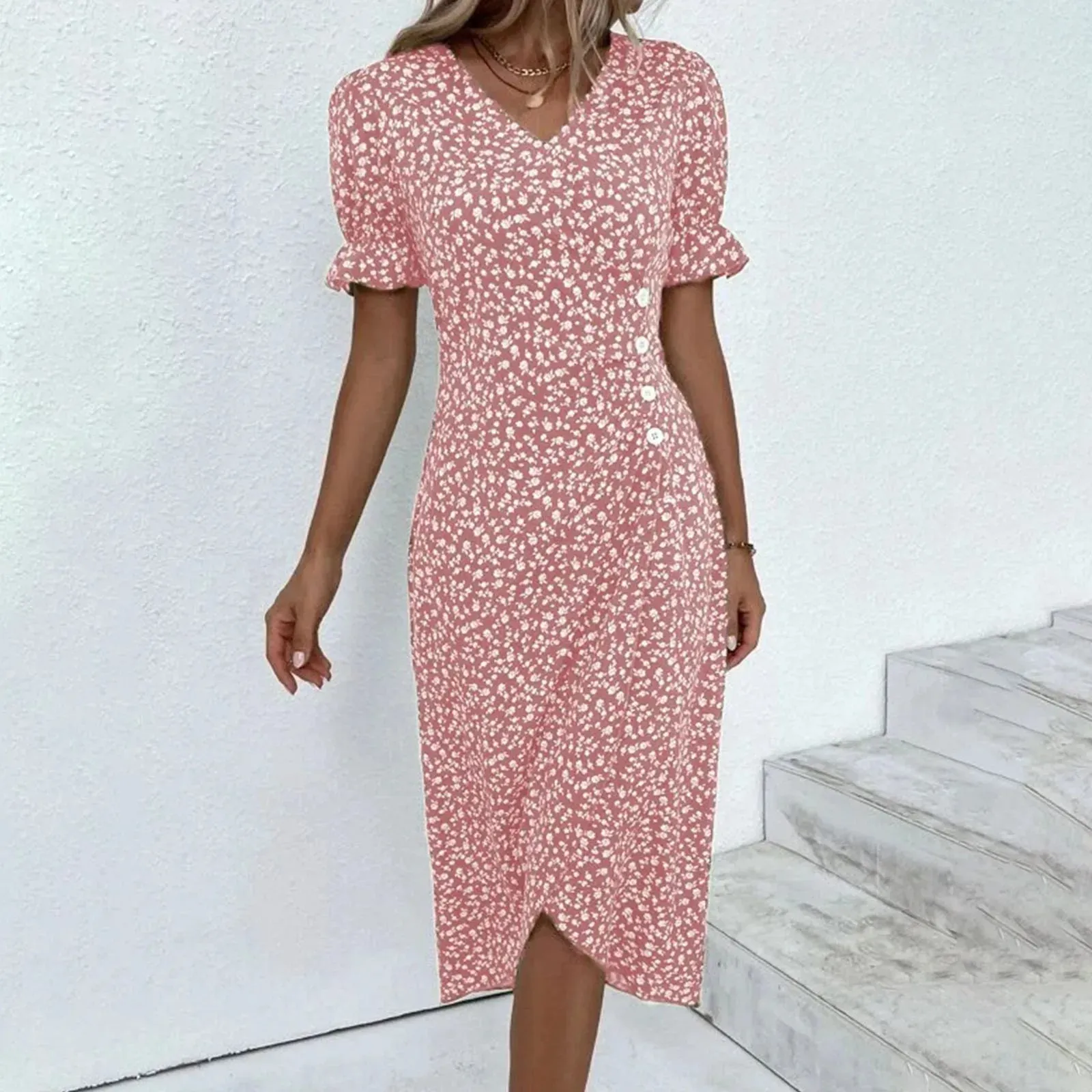 Floral Pleated V Neck Puff Sleeve Waist Ruched Button Summer Casual Elegant Dress