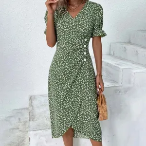 Floral Pleated V Neck Puff Sleeve Waist Ruched Button Summer Casual Elegant Dress