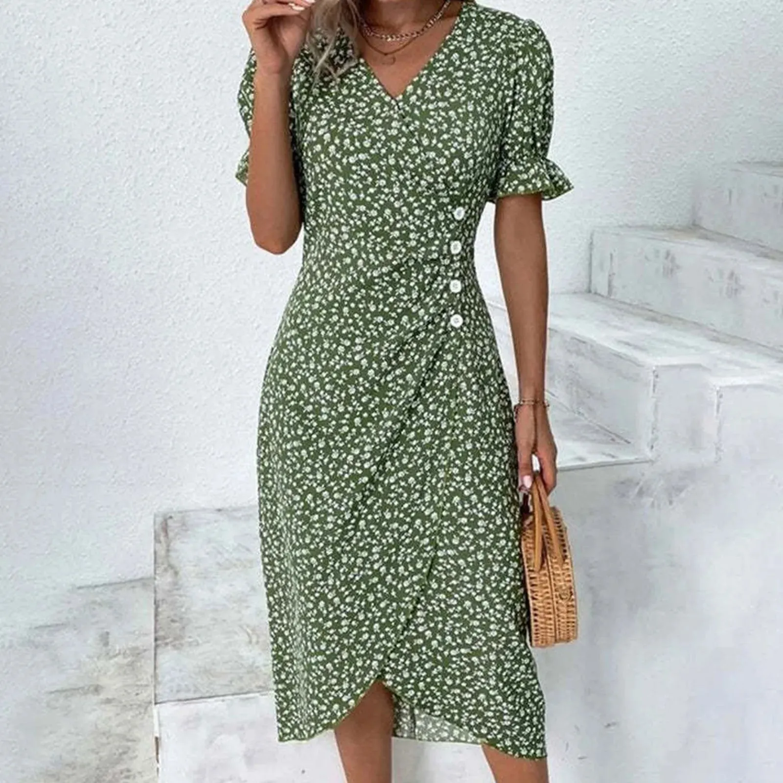 Floral Pleated V Neck Puff Sleeve Waist Ruched Button Summer Casual Elegant Dress