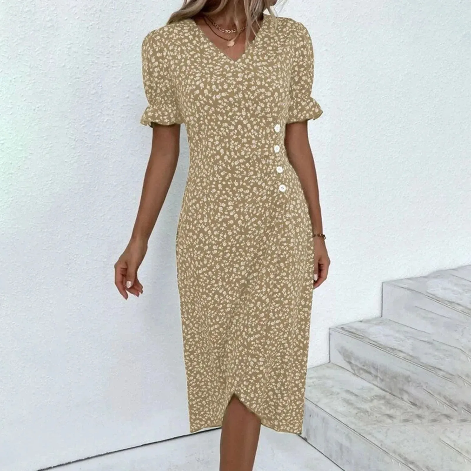 Floral Pleated V Neck Puff Sleeve Waist Ruched Button Summer Casual Elegant Dress