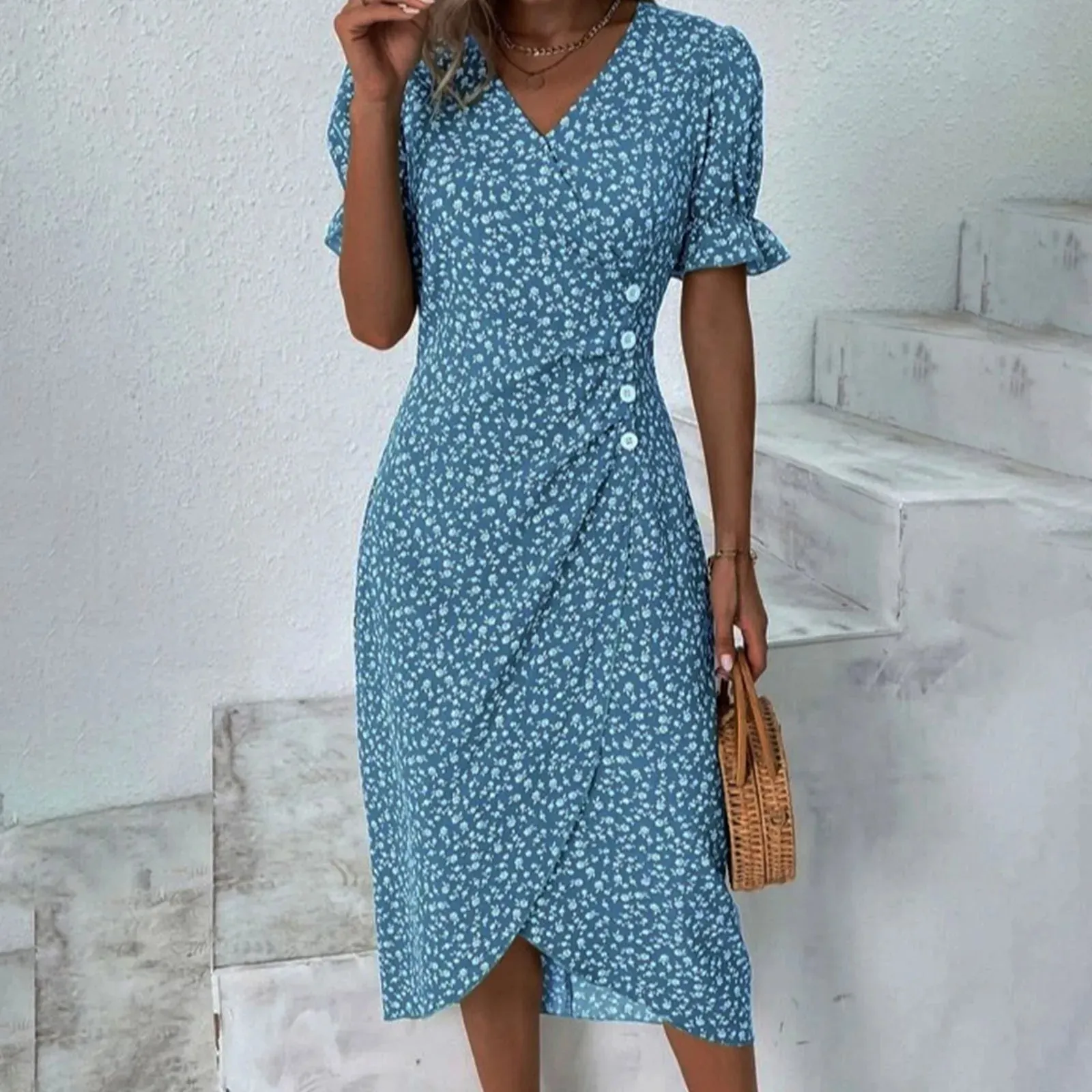 Floral Pleated V Neck Puff Sleeve Waist Ruched Button Summer Casual Elegant Dress
