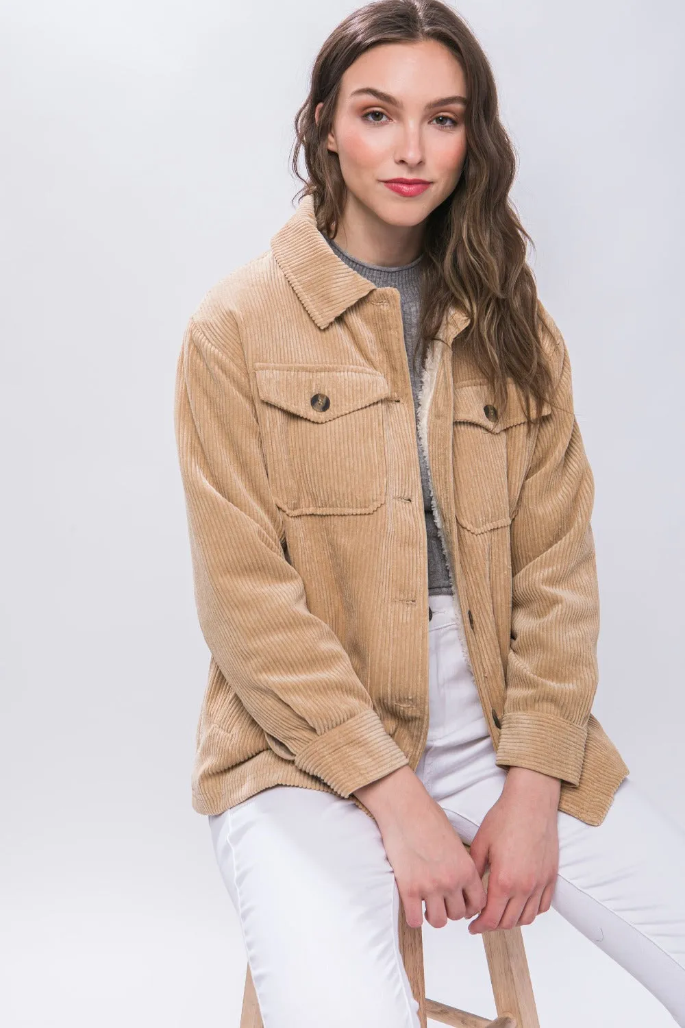 Hazel Blues® |  Love Tree Corduroy Button Up Jacket with Sherpa Inside