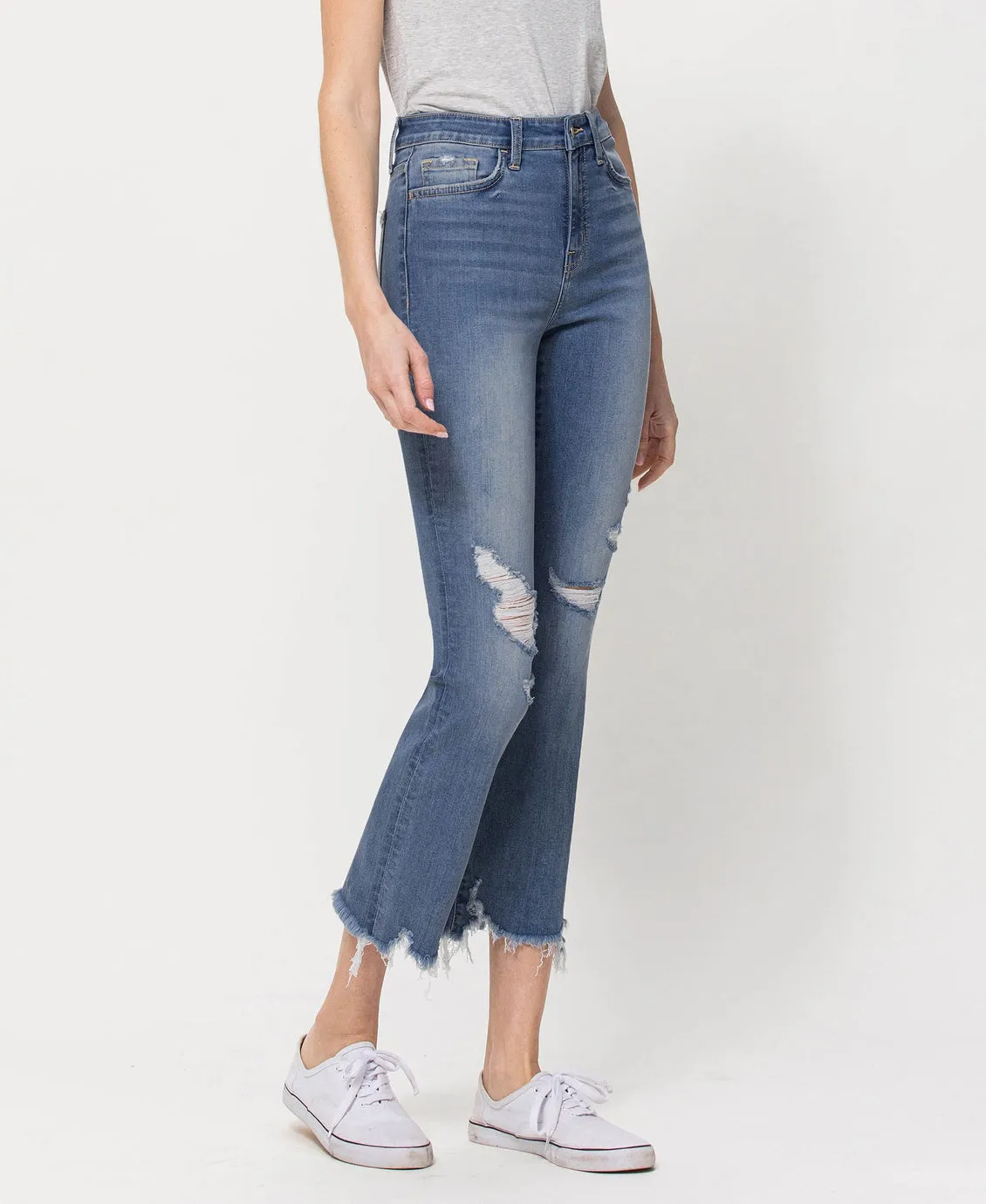 High Rise Distressed Crop Flare Jeans
