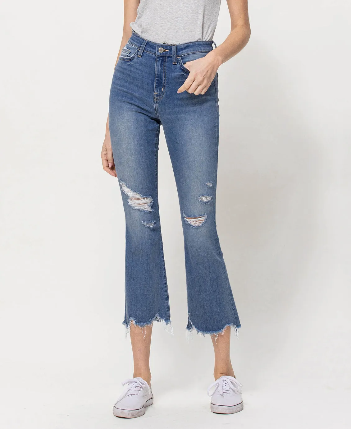 High Rise Distressed Crop Flare Jeans