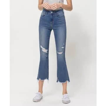 High Rise Distressed Crop Flare Jeans
