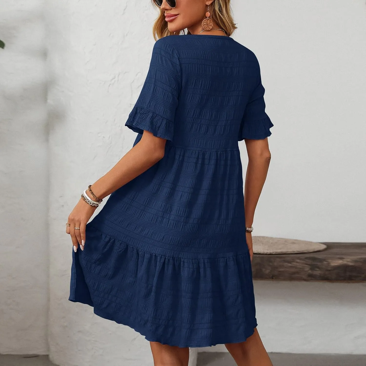 hlysgo Summer Dresses for Women 2025 Ruffle Short Sleeve Boho Dress Casual Beach Sundress Solid Mini Dress