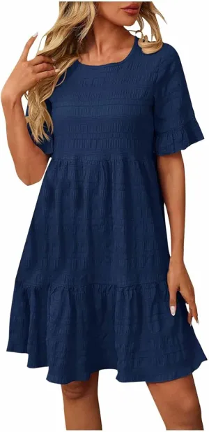hlysgo Summer Dresses for Women 2025 Ruffle Short Sleeve Boho Dress Casual Beach Sundress Solid Mini Dress