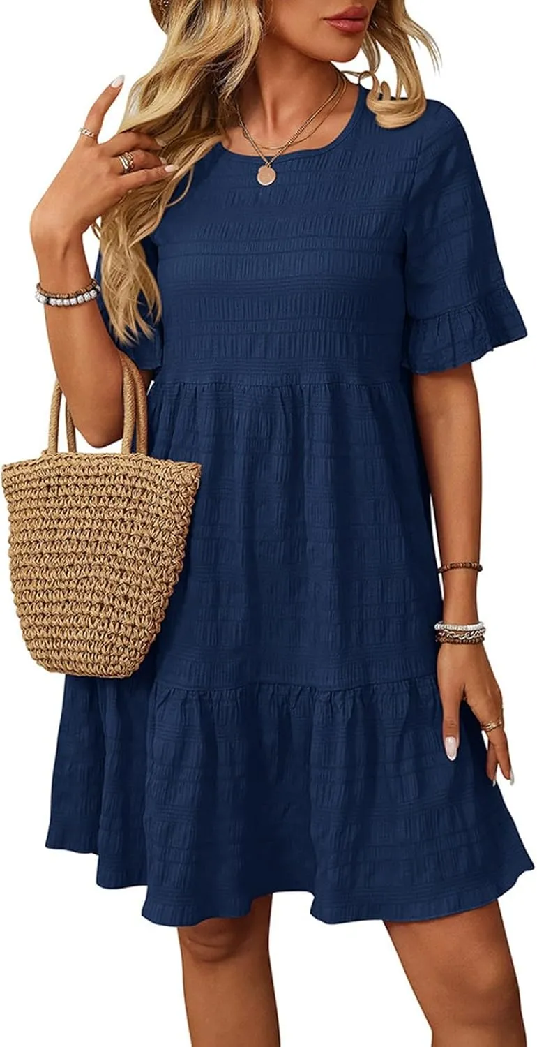hlysgo Summer Dresses for Women 2025 Ruffle Short Sleeve Boho Dress Casual Beach Sundress Solid Mini Dress