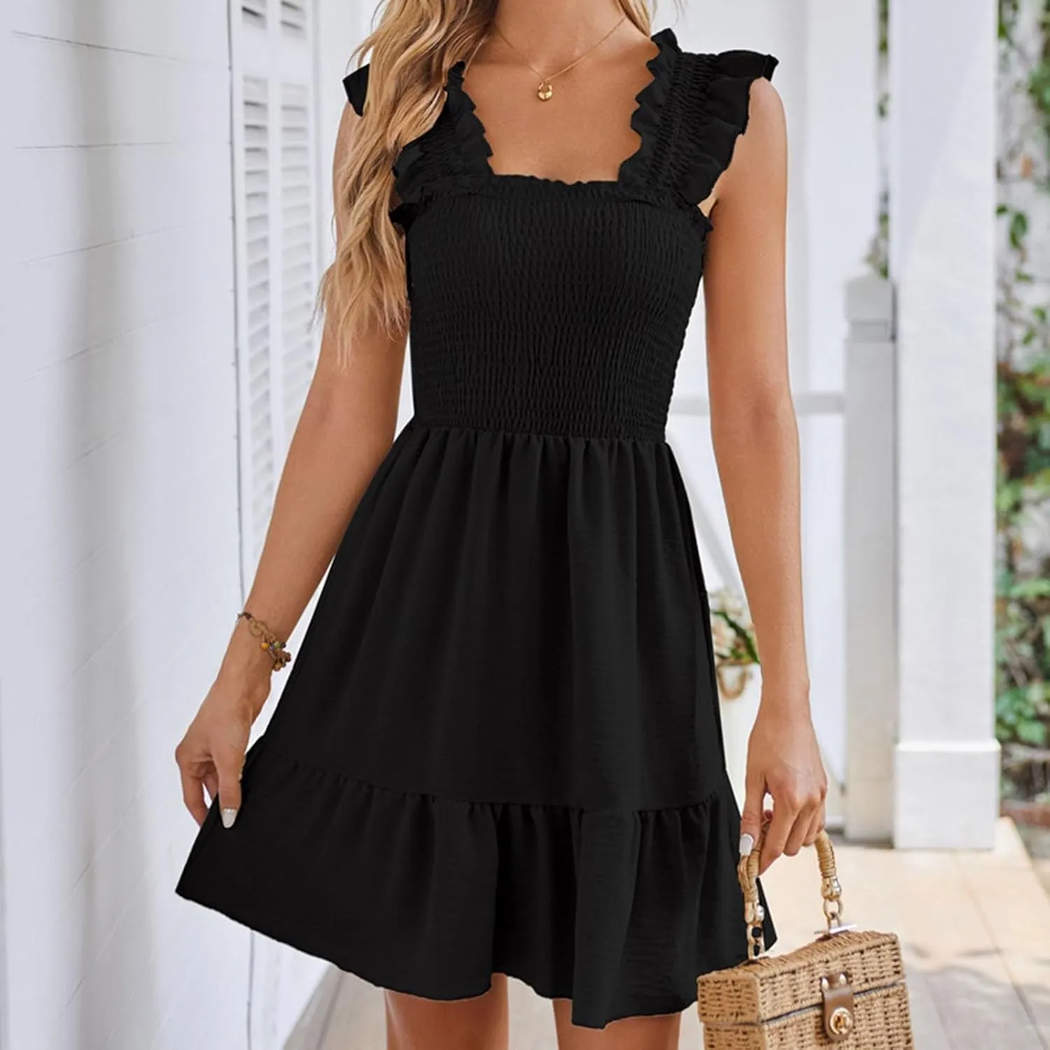 hlysgo Women Summer Sleeveless Mini Dress Boho Smocked Sundresses Cute Ruffle Casual Tank Dress