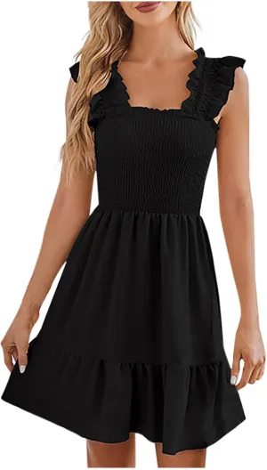 hlysgo Women Summer Sleeveless Mini Dress Boho Smocked Sundresses Cute Ruffle Casual Tank Dress