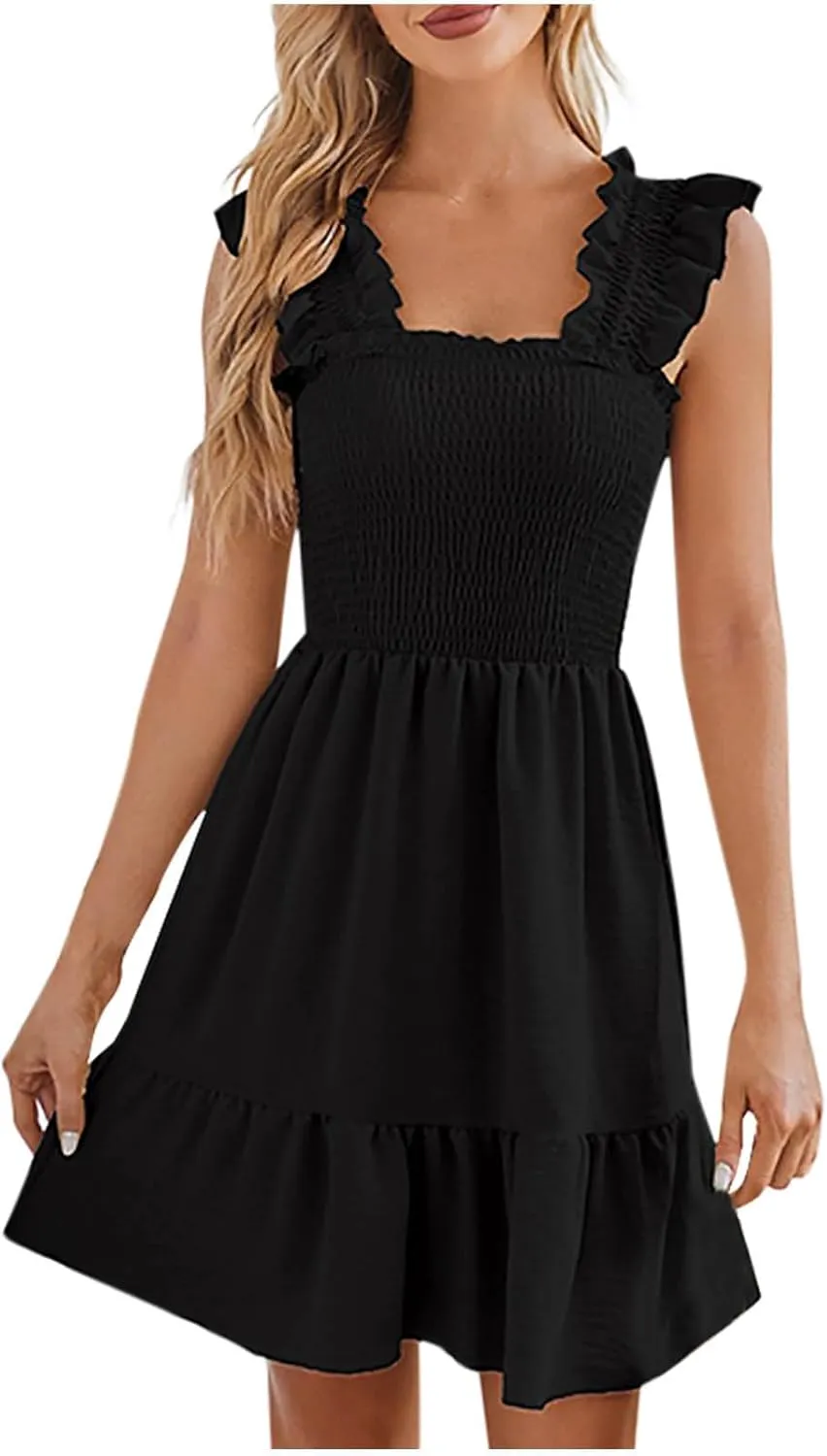 hlysgo Women Summer Sleeveless Mini Dress Boho Smocked Sundresses Cute Ruffle Casual Tank Dress