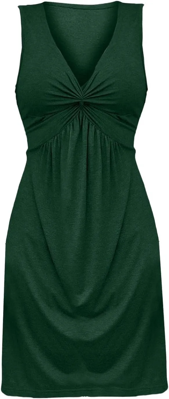 Knotted Front Dresses for Women V Neck Sleeveless Tank Dresses A Line Casual Sundress Vacasion Outfits Beach Sundress