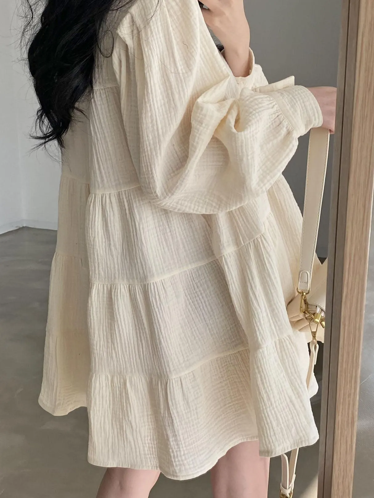 Lapel Pleated Loose Puff Sleeve Short Shirt Dress