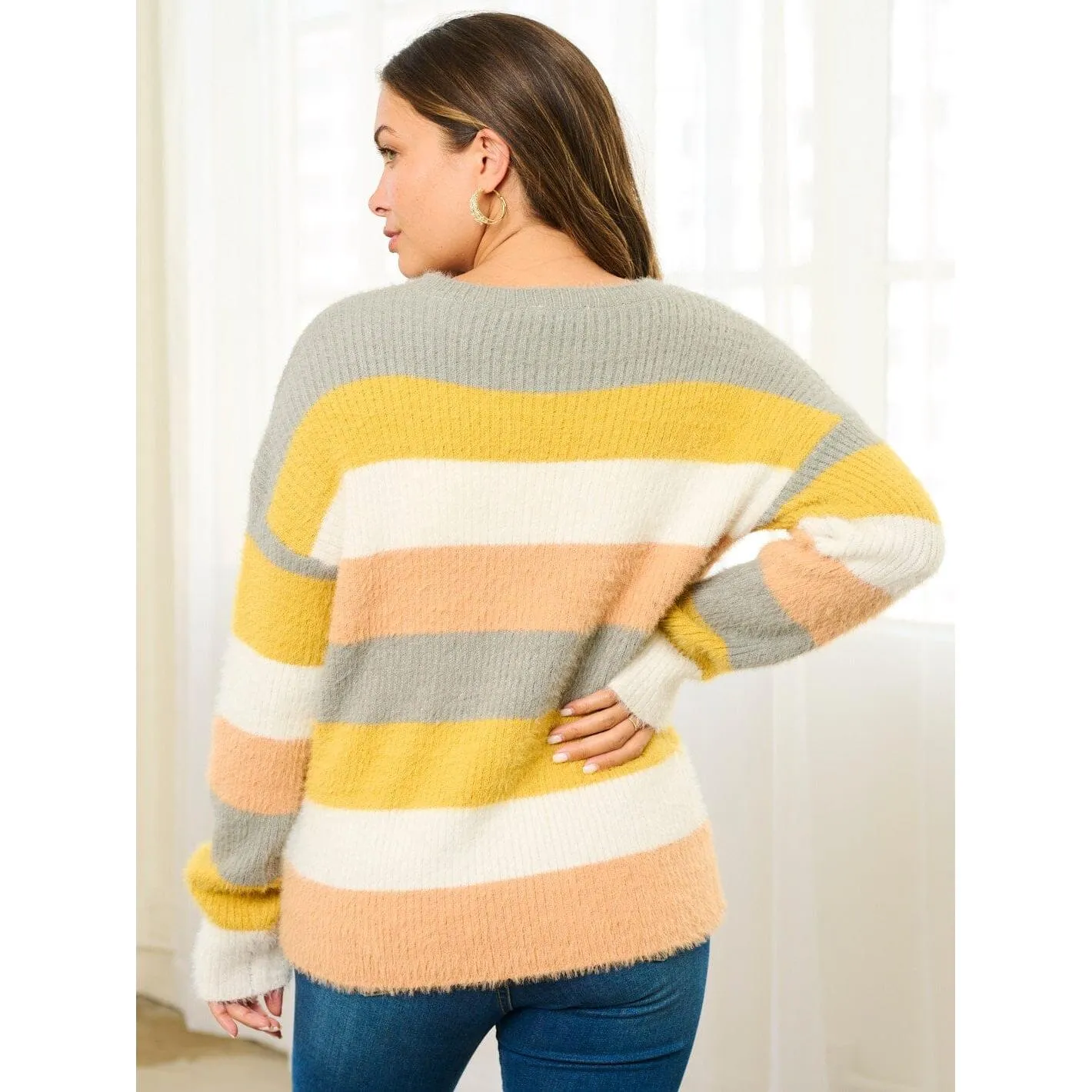 Long Sleeve Roun Nuck Colorblock Pullover Sweater