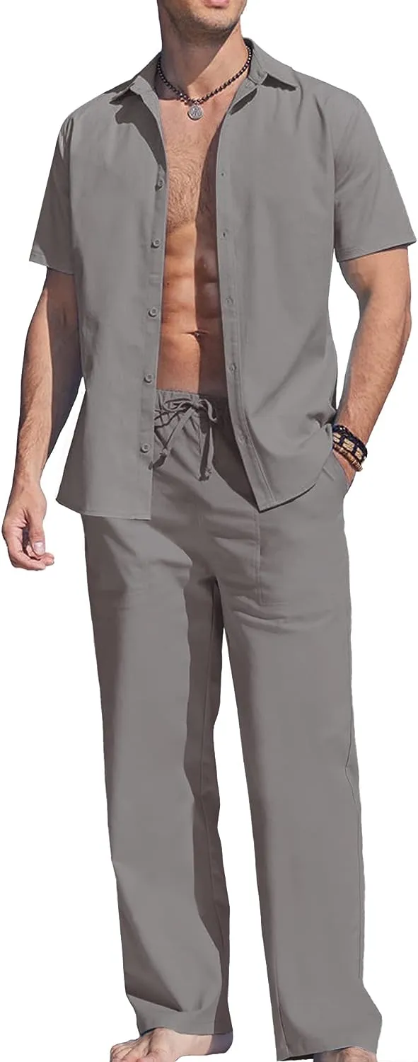 Men's Linen Khaki Short Sleeve Button Shirt & Pants Set