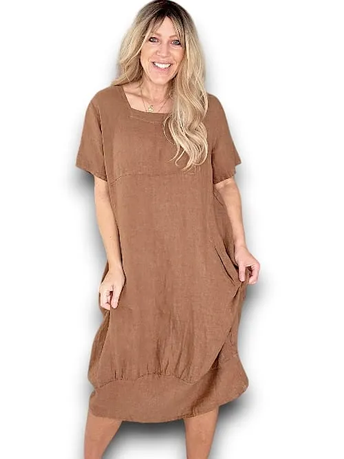 MID SLEEVE MAXI DRESS LINEN COFFEE