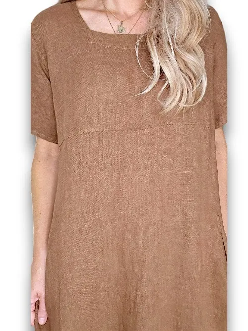 MID SLEEVE MAXI DRESS LINEN COFFEE