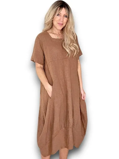 MID SLEEVE MAXI DRESS LINEN COFFEE