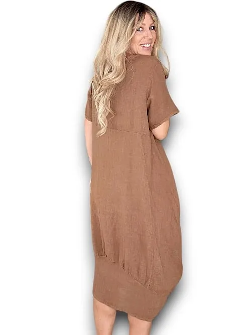 MID SLEEVE MAXI DRESS LINEN COFFEE