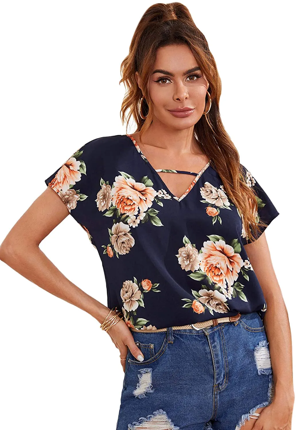 Milumia Women's Floral Print Cutout V Neck Short Sleeve Casual Summer Blouse Top