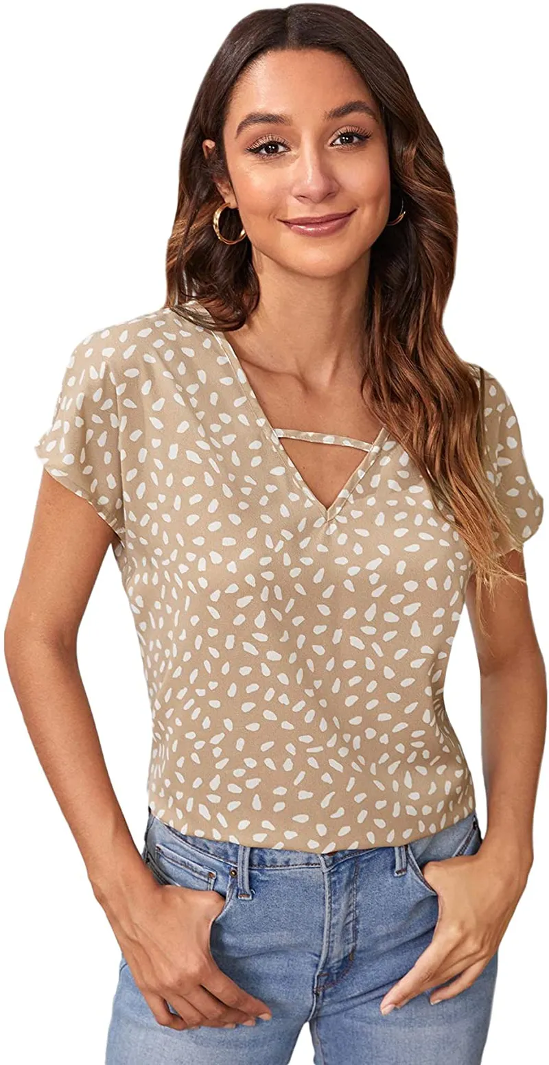 Milumia Women's Floral Print Cutout V Neck Short Sleeve Casual Summer Blouse Top