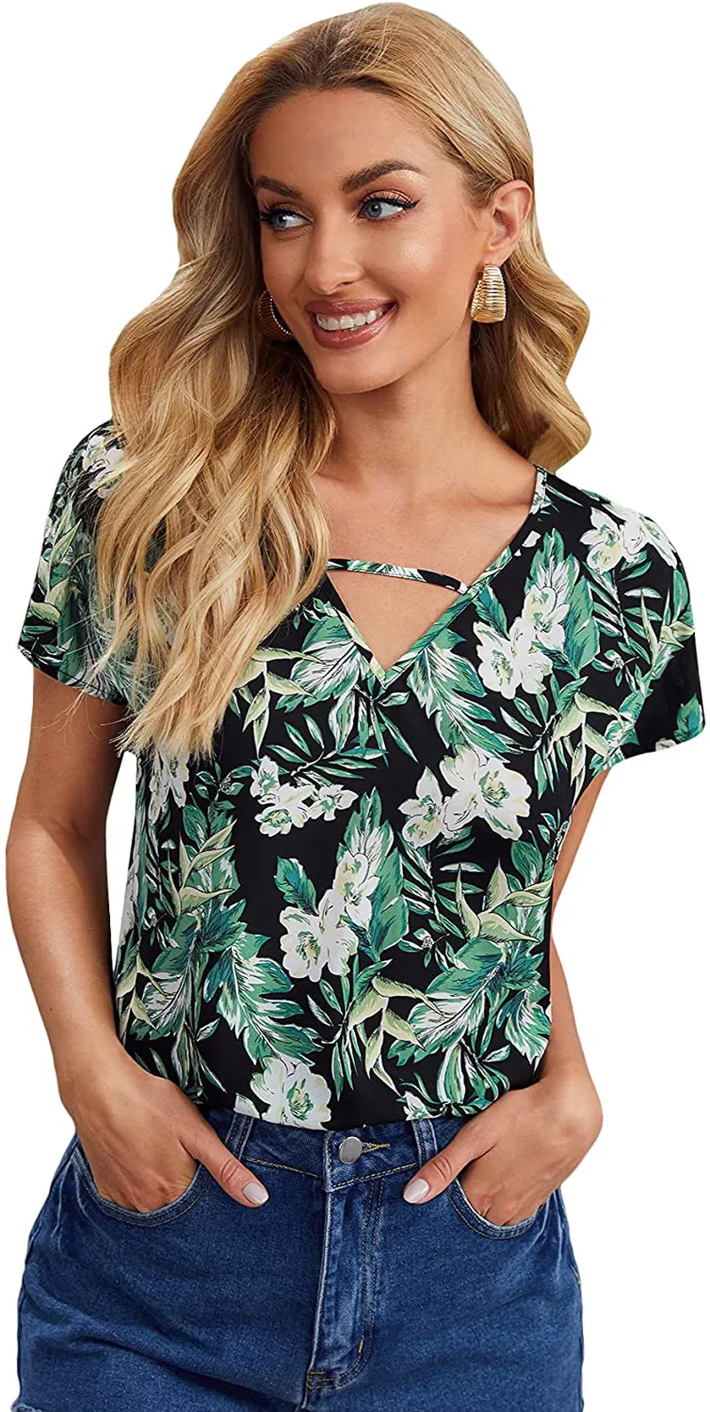 Milumia Women's Floral Print Cutout V Neck Short Sleeve Casual Summer Blouse Top