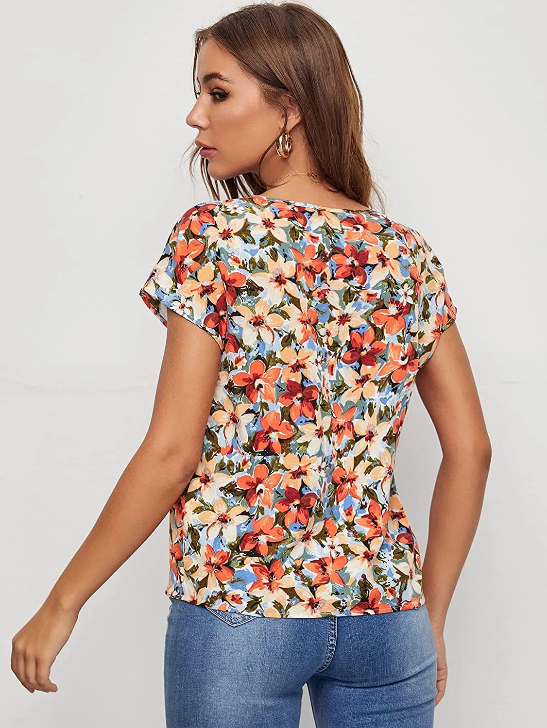 Milumia Women's Floral Print Cutout V Neck Short Sleeve Casual Summer Blouse Top