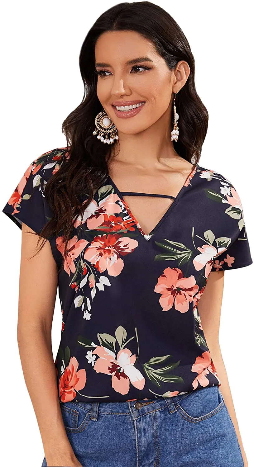 Milumia Women's Floral Print Cutout V Neck Short Sleeve Casual Summer Blouse Top