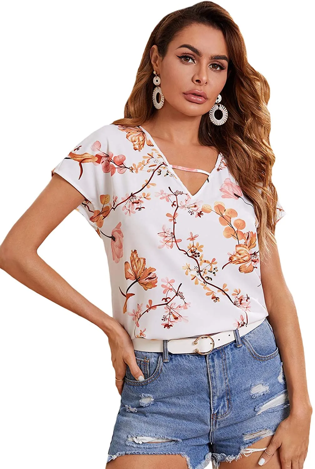 Milumia Women's Floral Print Cutout V Neck Short Sleeve Casual Summer Blouse Top